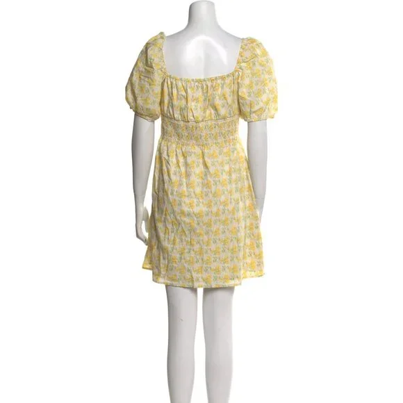 Faithfull The Brand Yellow Floral Puff Sleeve Smocked Mini Dress M - Picture 3 of 5